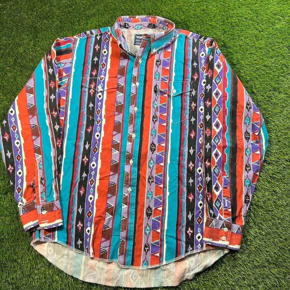 Vintage Wrangler Brushpopper Large 16.5/35 Made USA Western Aztec Cowboy Shirt